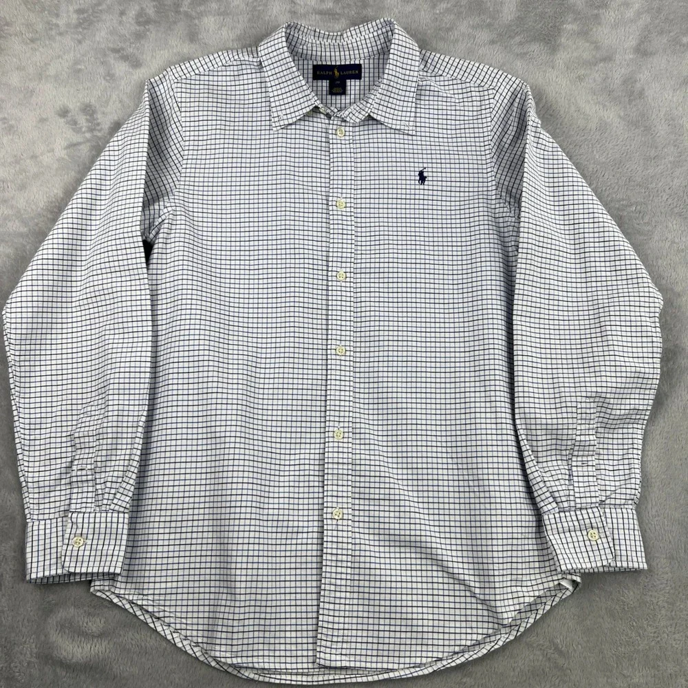 Ralph Lauren Button Down Shirt Boys 20 White Blue Grid Check Cotton Preppy